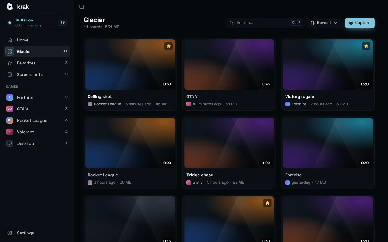 Krak · Glacier: Your library, sorted by game. Favorites, search, rename, multi-select.