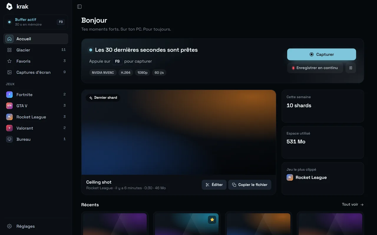 Krak · Accueil: Le buffer tourne, tes derniers shards sont à un clic.